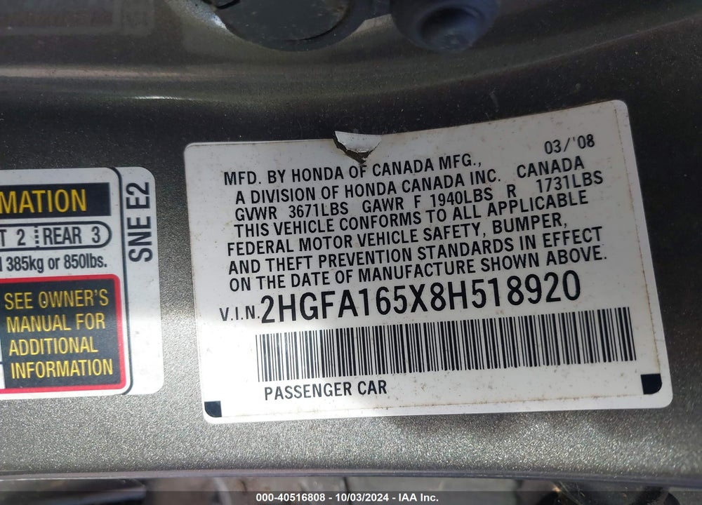 2008 HONDA CIVIC LX VIN: 2HGFA165X8H518920