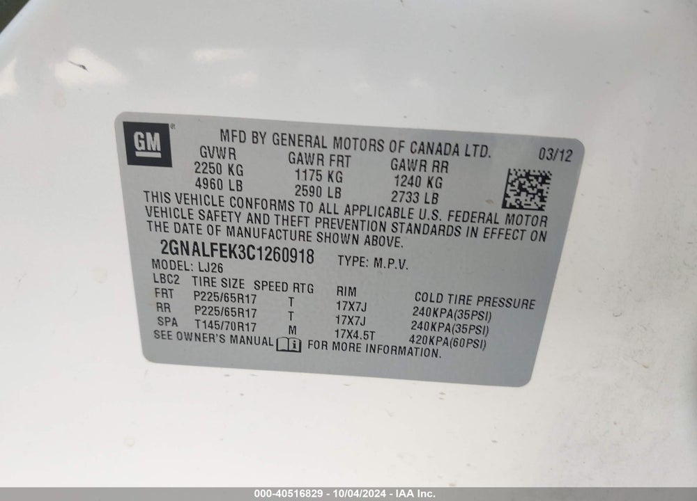 2012 CHEVROLET EQUINOX LTZ VIN: 2GNALFEK3C1260918