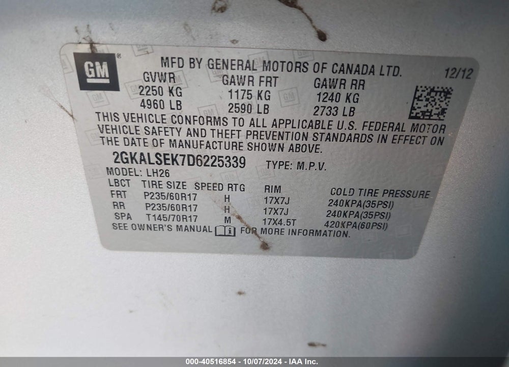 2013 GMC TERRAIN SLE-2 VIN: 2GKALSEK7D6225339