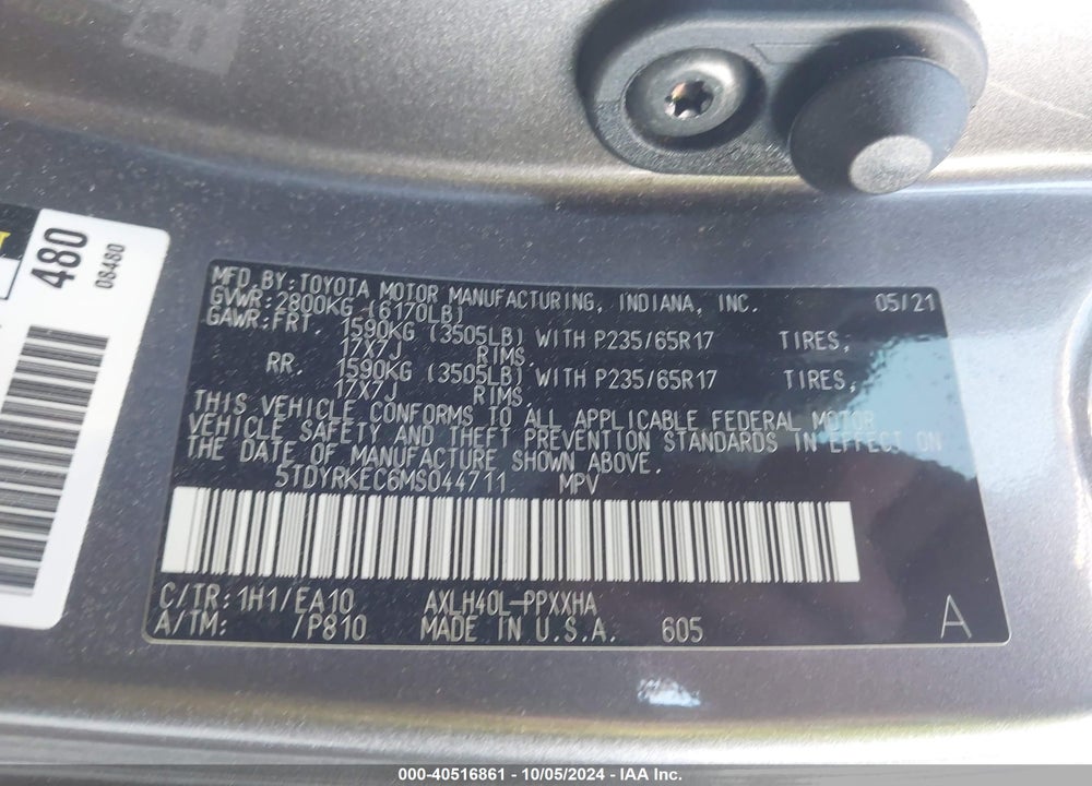 2021 TOYOTA SIENNA XLE VIN: 5TDYRKEC6MS044711