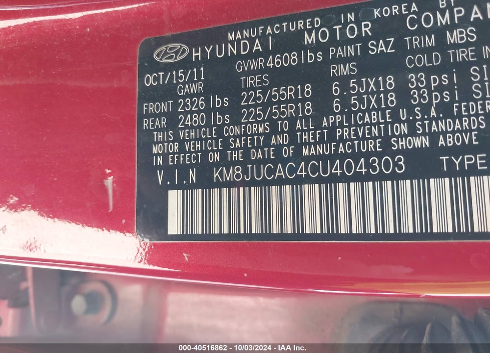 2012 HYUNDAI TUCSON LIMITED VIN: KM8JUCAC4CU404303