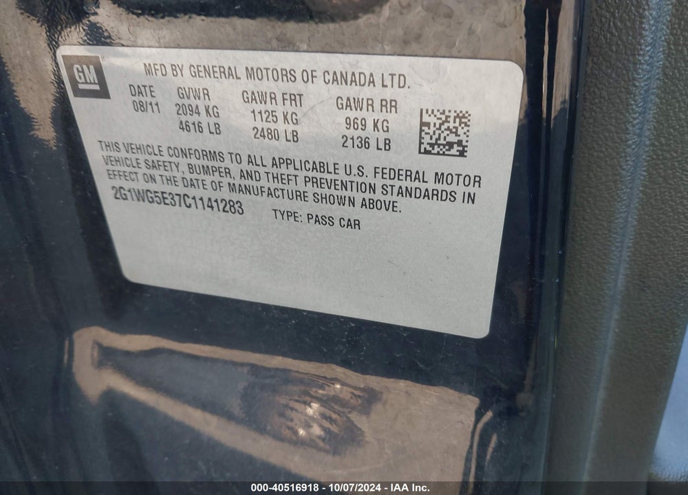 2012 CHEVROLET IMPALA LT VIN: 2G1WG5E37C1141283