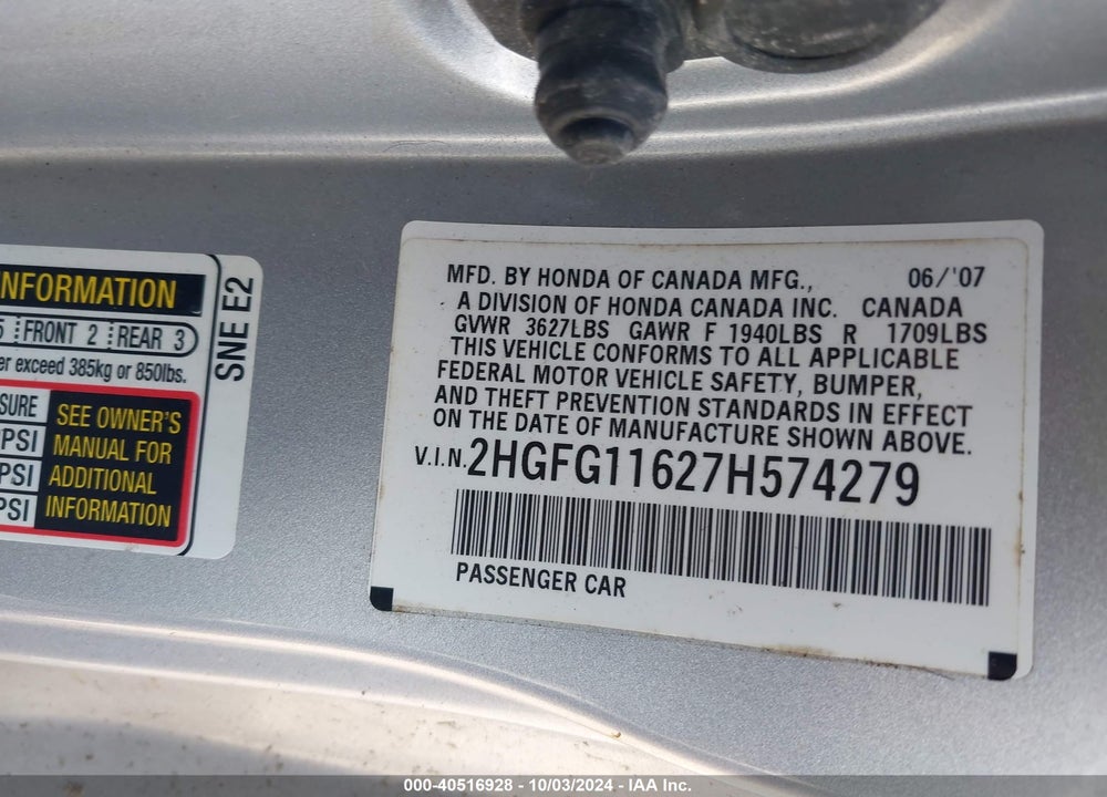 2007 HONDA CIVIC LX VIN: 2HGFG11627H574279