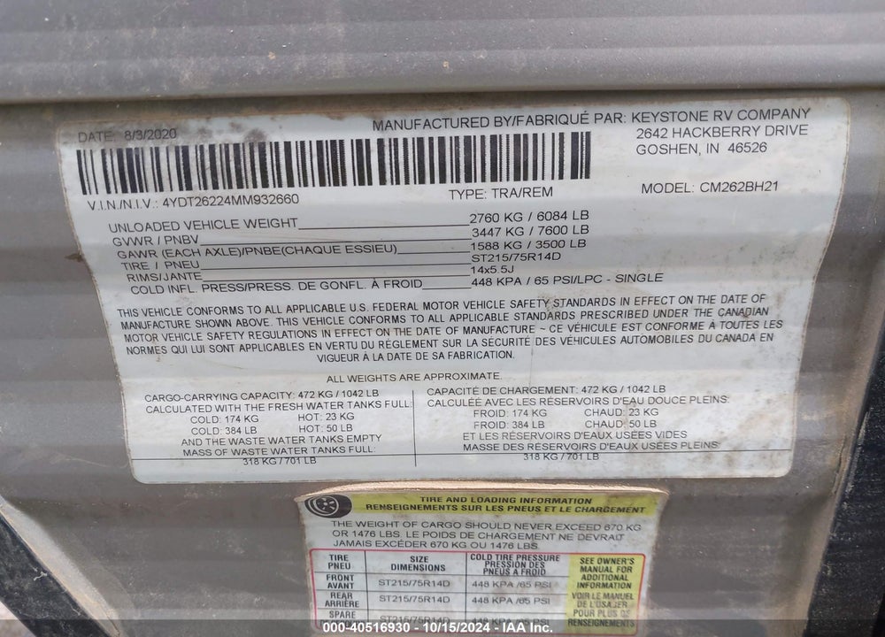 2021 COLEMAN LNTRN262BH VIN: 4YDT26224MM932660