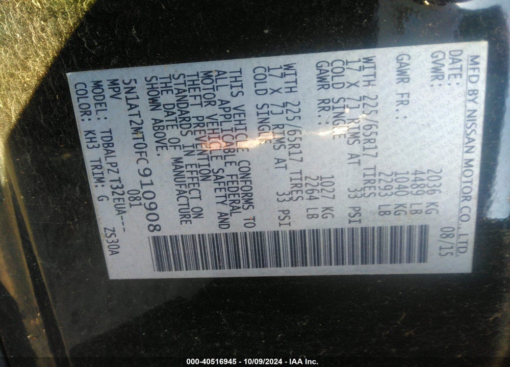 2015 NISSAN ROGUE S VIN: 5N1AT2MT0FC910908