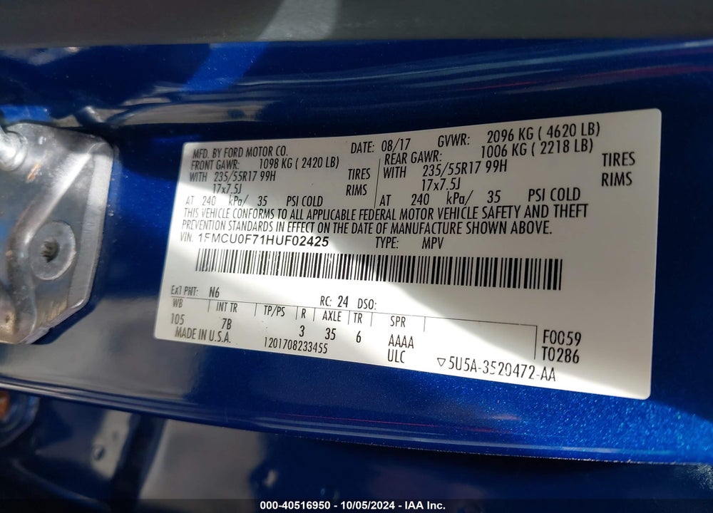 2017 FORD ESCAPE S VIN: 1FMCU0F71HUF02425