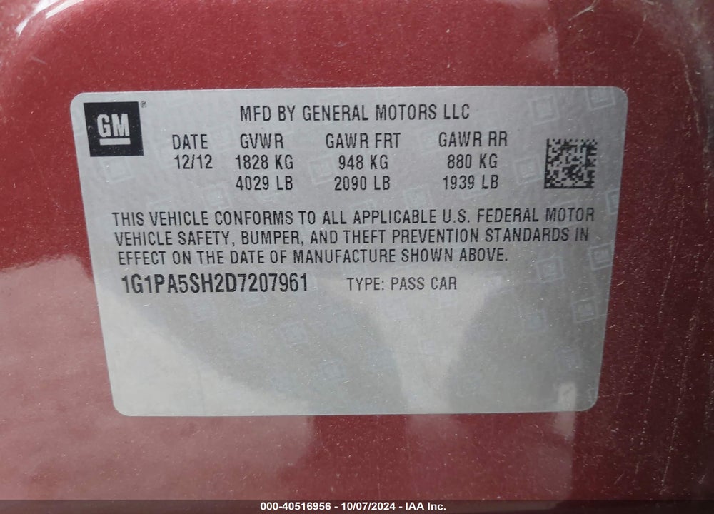 2013 CHEVROLET CRUZE LS AUTO VIN: 1G1PA5SH2D7207961
