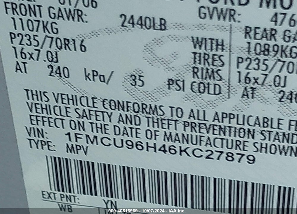 2006 FORD ESCAPE HYBRID VIN: 1FMCU96H46KC27879
