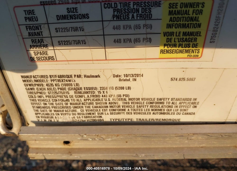 2015 HAULMARK ENCLOSED TRAILER VIN: 575GB2426FH280484