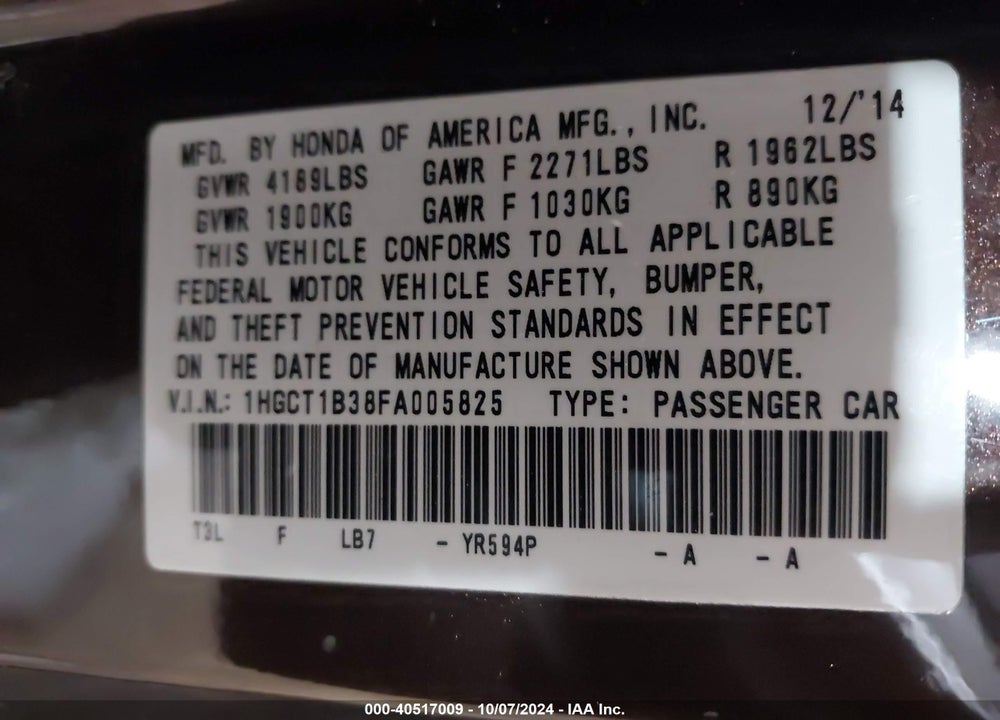 2015 HONDA ACCORD LX-S VIN: 1HGCT1B38FA005825