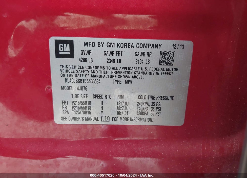 2014 BUICK ENCORE CONVENIENCE VIN: KL4CJBSB1EB633584