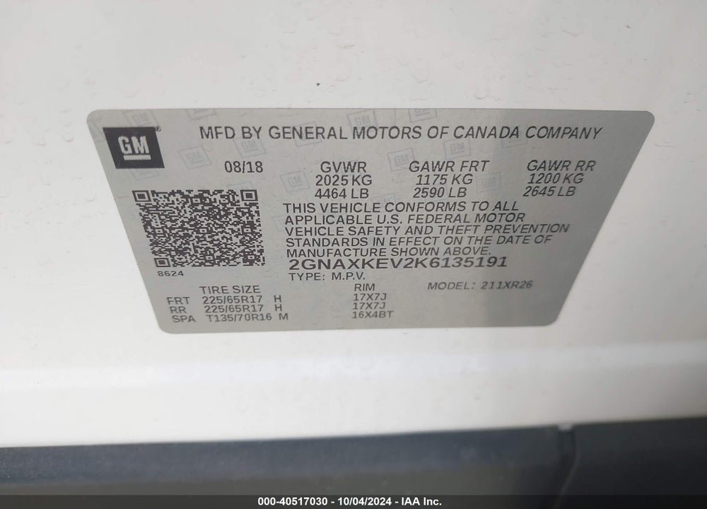 2019 CHEVROLET EQUINOX VIN: 2GNAXKEV2K6135191