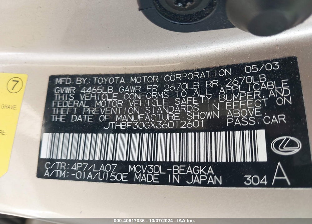 2003 LEXUS ES 300 VIN: JTHBF30GX36012601