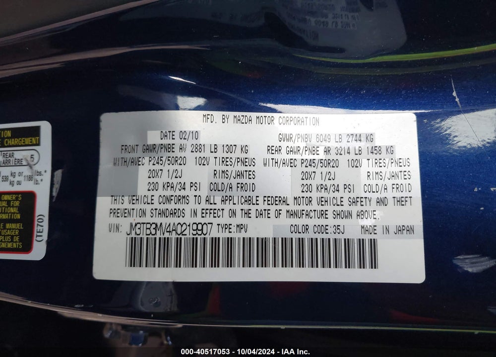 2010 MAZDA CX-9 GRAND TOURING VIN: JM3TB3MV4A0219907
