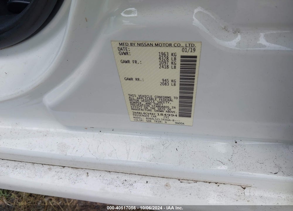 2019 NISSAN ALTIMA 2.5 SR VIN: 1N4BL4CV4KC184994