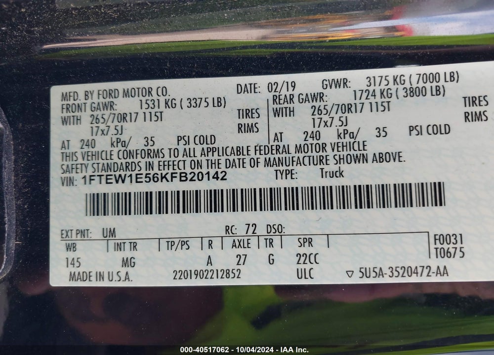 2019 FORD F-150 XLT VIN: 1FTEW1E56KFB20142