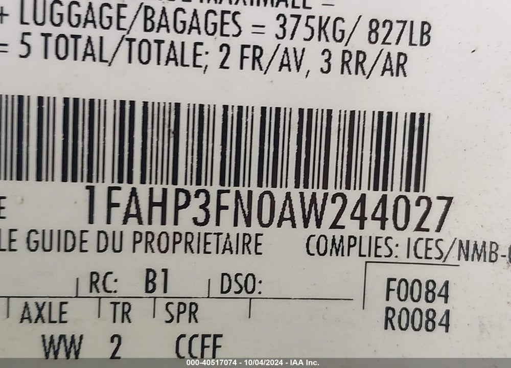 2010 FORD FOCUS SE VIN: 1FAHP3FN0AW244027