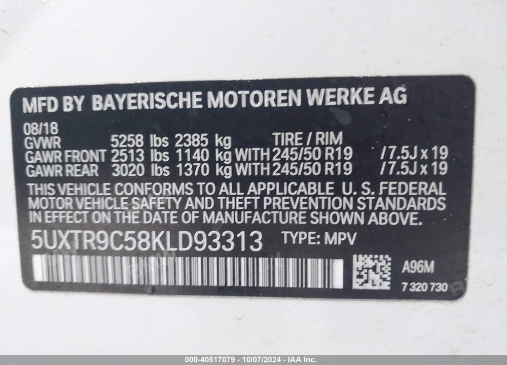 2019 BMW X3 XDRIVE30I VIN: 5UXTR9C58KLD93313