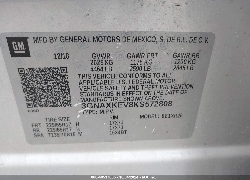 2019 CHEVROLET EQUINOX LT VIN: 3GNAXKEV8KS572808