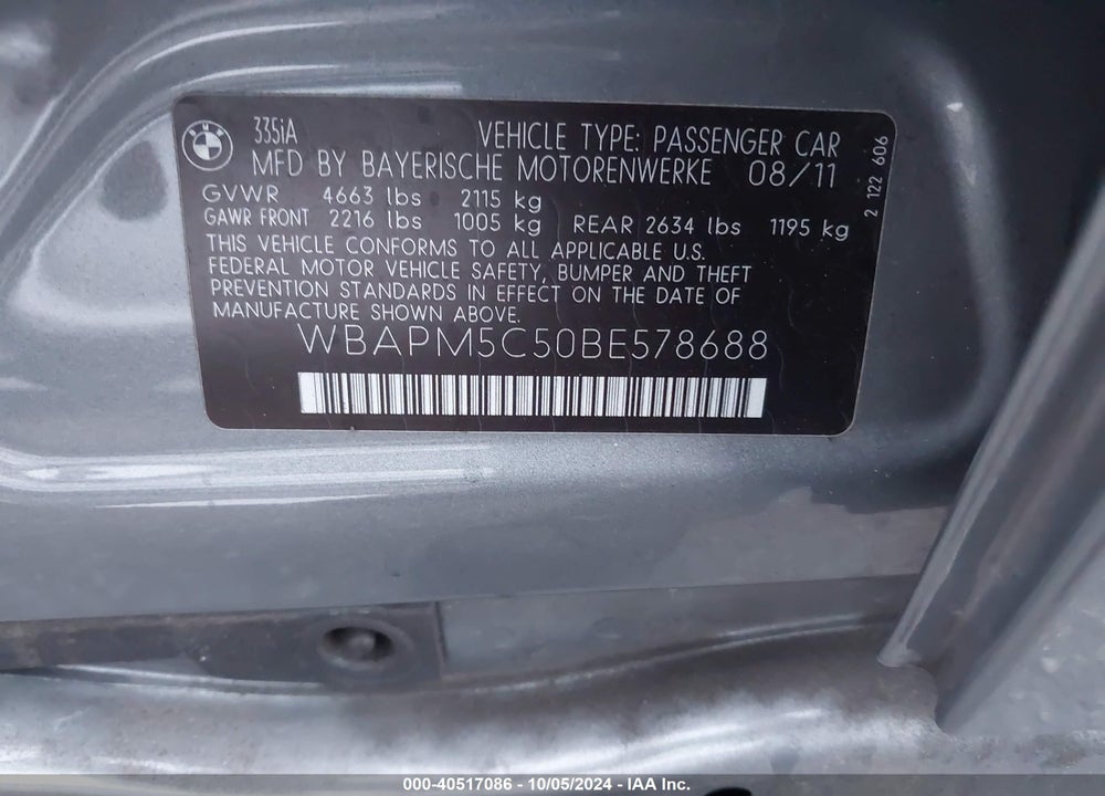 2011 BMW 335I VIN: WBAPM5C50BE578688