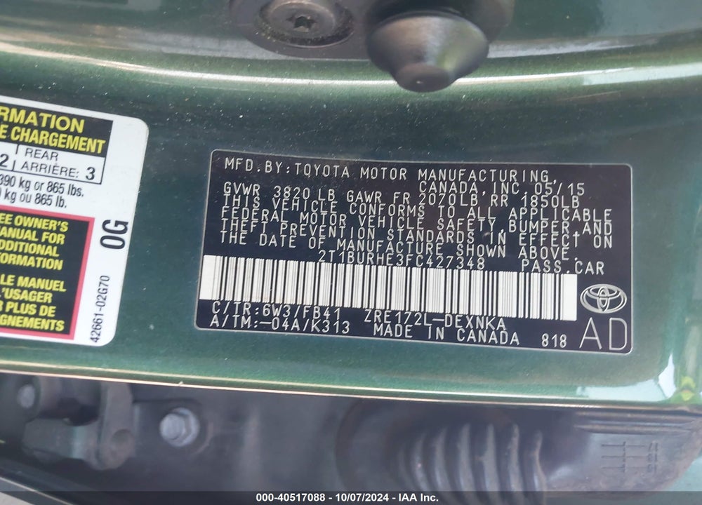 2015 TOYOTA COROLLA LE VIN: 2T1BURHE3FC427348