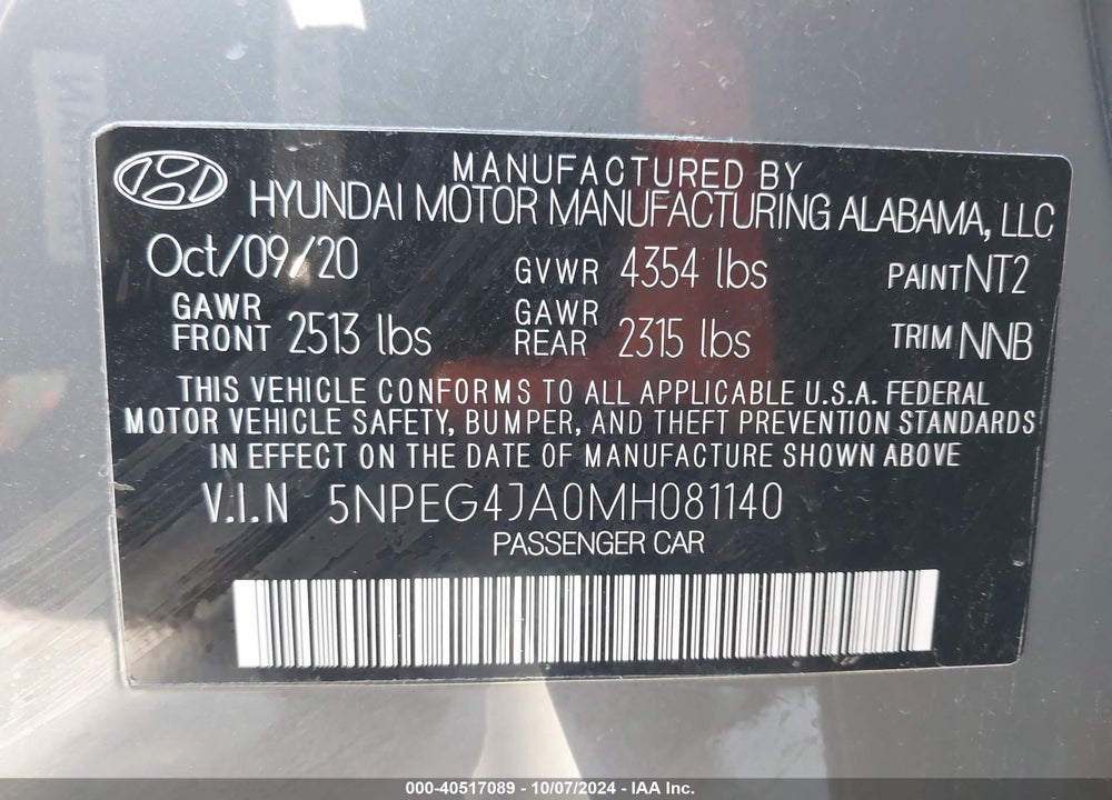 2021 HYUNDAI SONATA SE VIN: 5NPEG4JA0MH081140