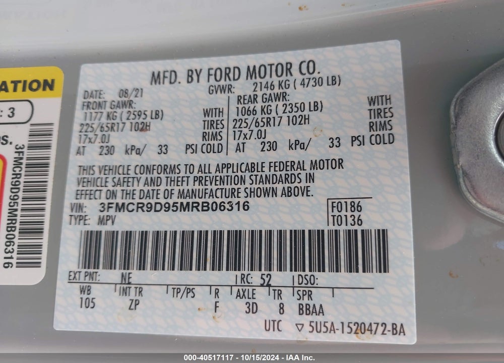 2021 FORD BRONCO SPORT BADLANDS VIN: 3FMCR9D95MRB06316