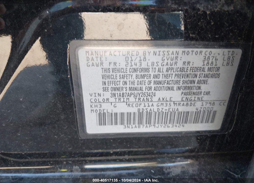 2018 NISSAN SENTRA S/SV/SR/SL VIN: 3N1AB7AP9JY263424