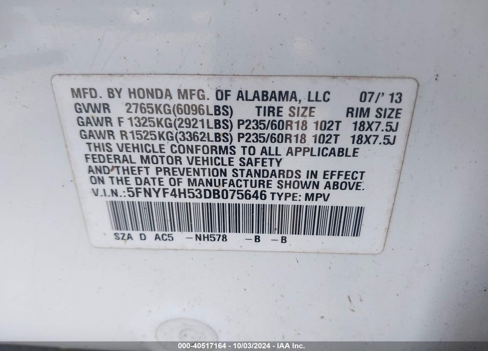 2013 HONDA PILOT EX-L VIN: 5FNYF4H53DB075646