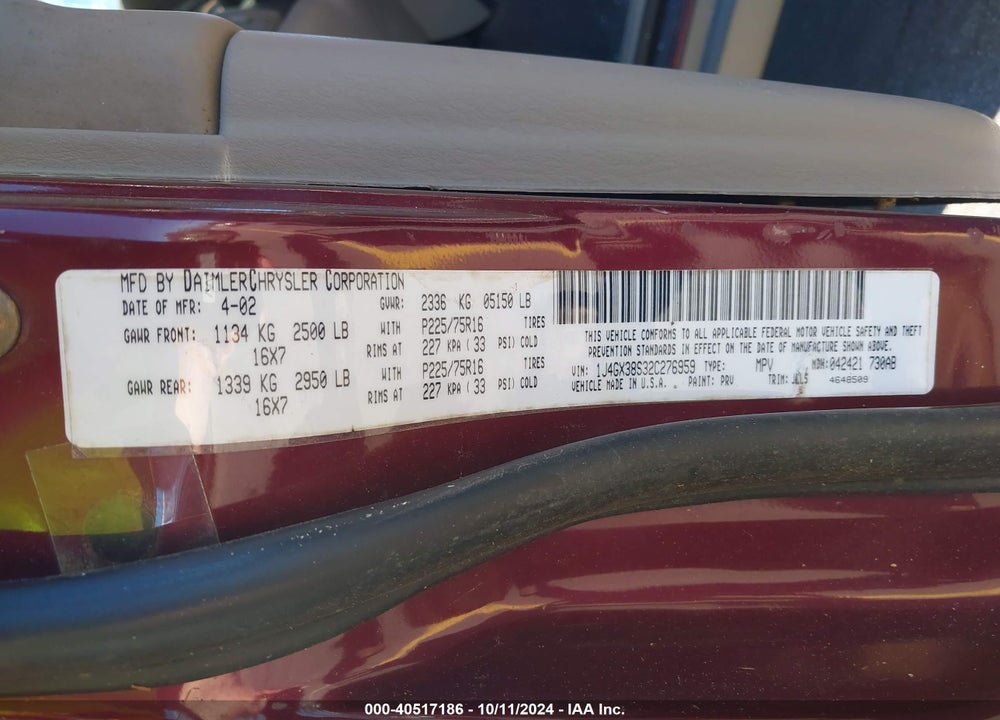 2002 JEEP GRAND CHEROKEE SPORT VIN: 1J4GX38S32C276959