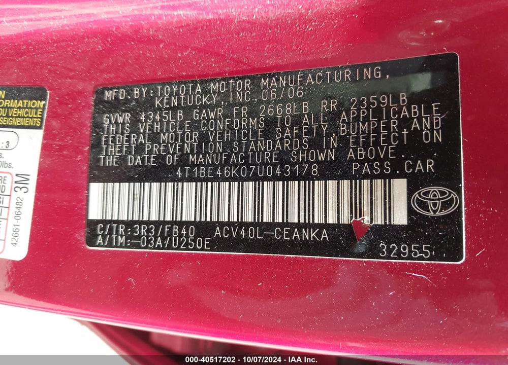 2007 TOYOTA CAMRY LE VIN: 4T1BE46K07U043178