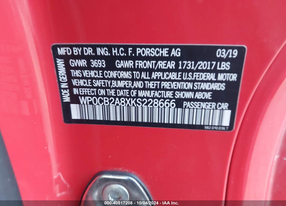 2019 PORSCHE 718 BOXSTER GTS VIN: WP0CB2A8XKS228666