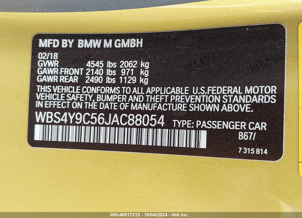 2018 BMW M4 VIN: WBS4Y9C56JAC88054