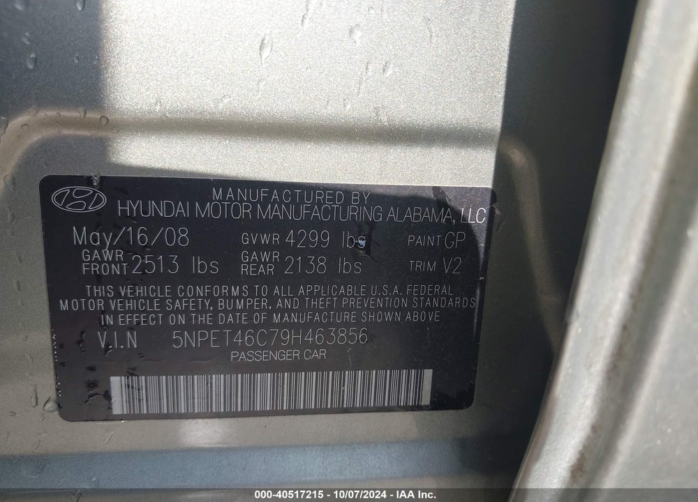 2009 HYUNDAI SONATA GLS VIN: 5NPET46C79H463856