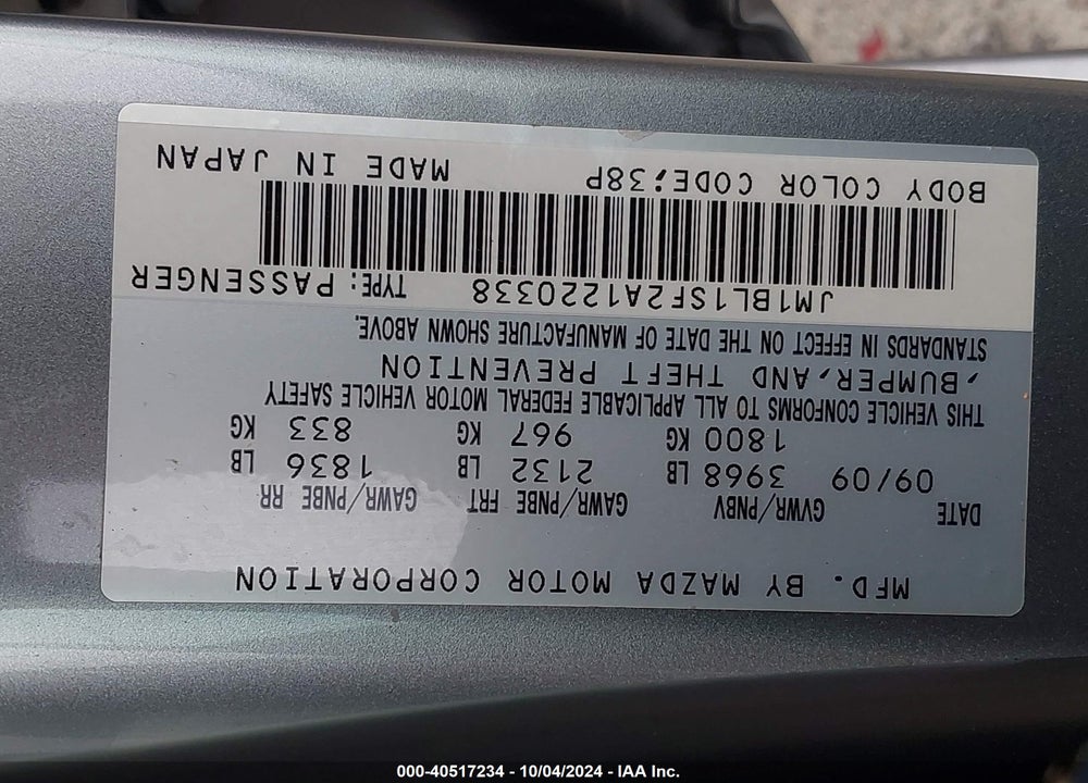 2010 MAZDA 3 I TOURING VIN: JM1BL1SF2A1220338