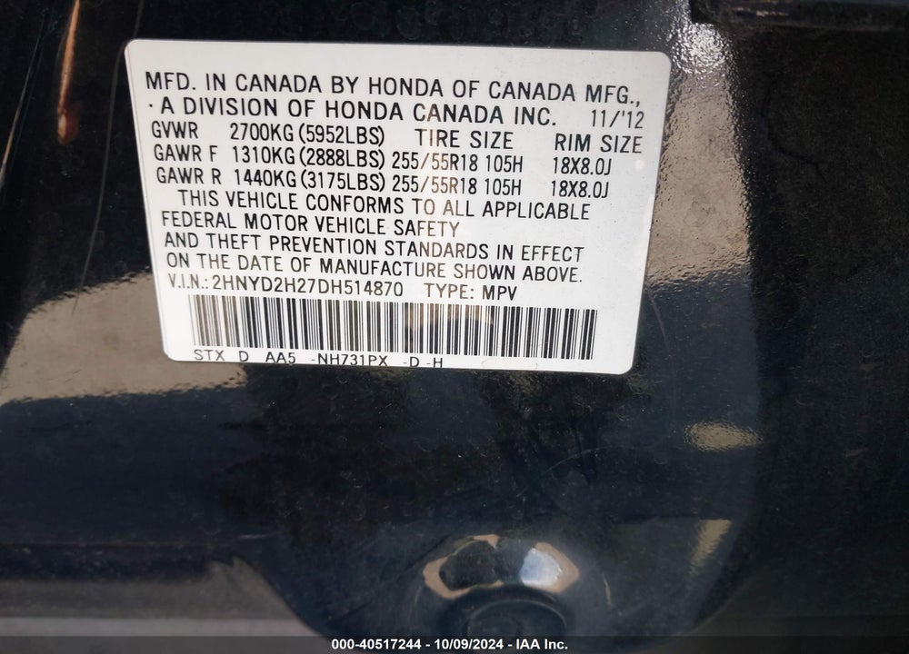 2013 ACURA MDX VIN: 2HNYD2H27DH514870