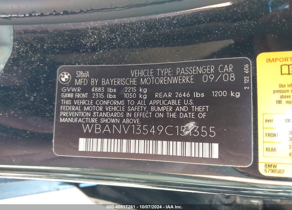 2009 BMW 528I XDRIVE VIN: WBANV13549C151355