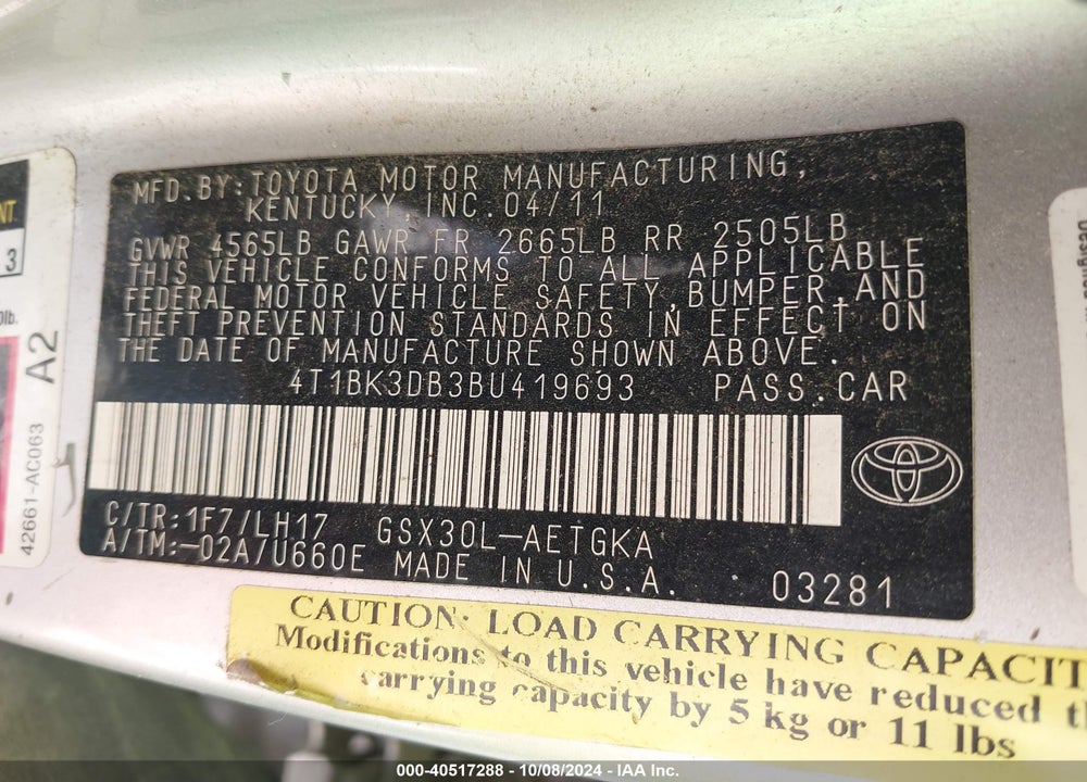 2011 TOYOTA AVALON VIN: 4T1BK3DB3BU419693