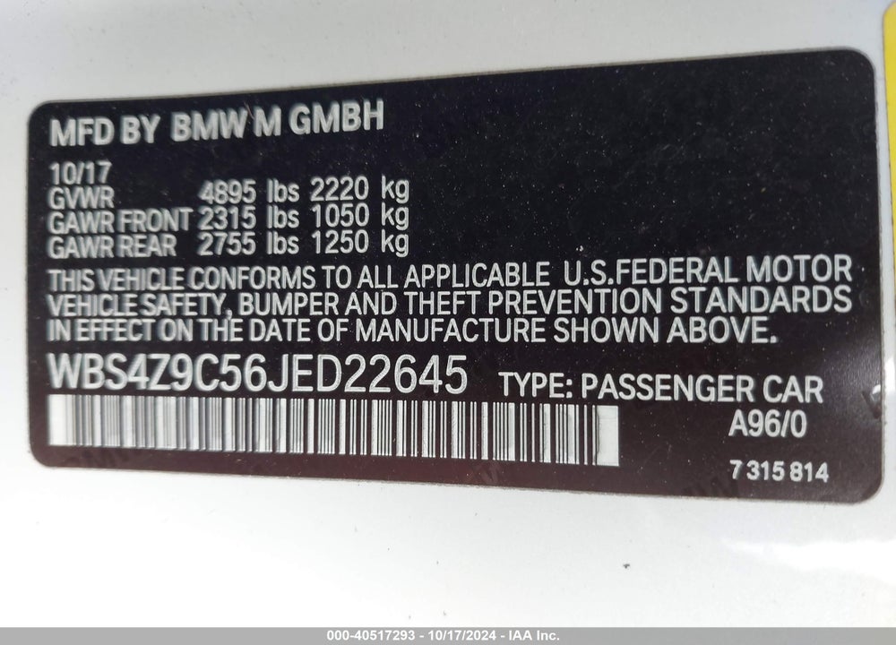 2018 BMW M4 VIN: WBS4Z9C56JED22645
