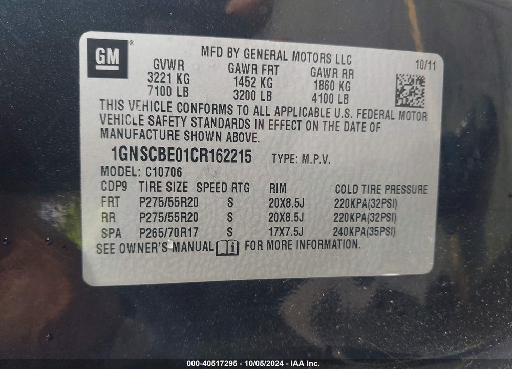 2012 CHEVROLET TAHOE LT VIN: 1GNSCBE01CR162215