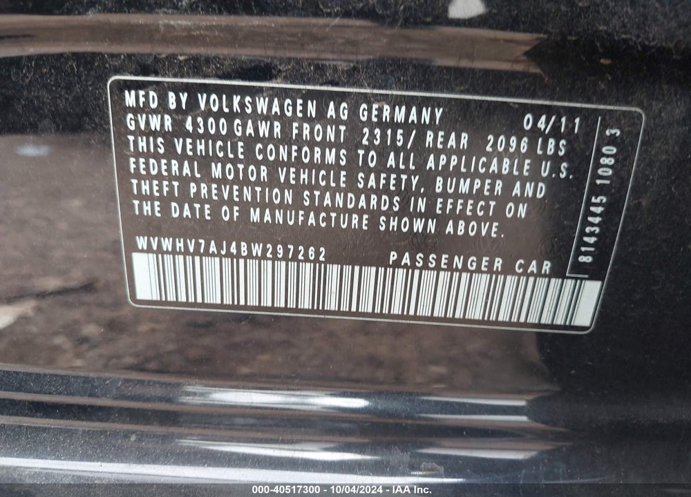 2011 VOLKSWAGEN GTI 4-DOOR VIN: WVWHV7AJ4BW297262