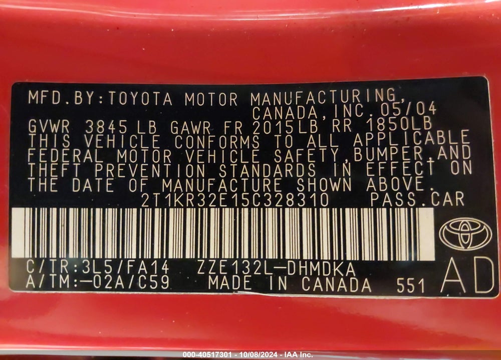 2005 TOYOTA MATRIX VIN: 2T1KR32E15C328310