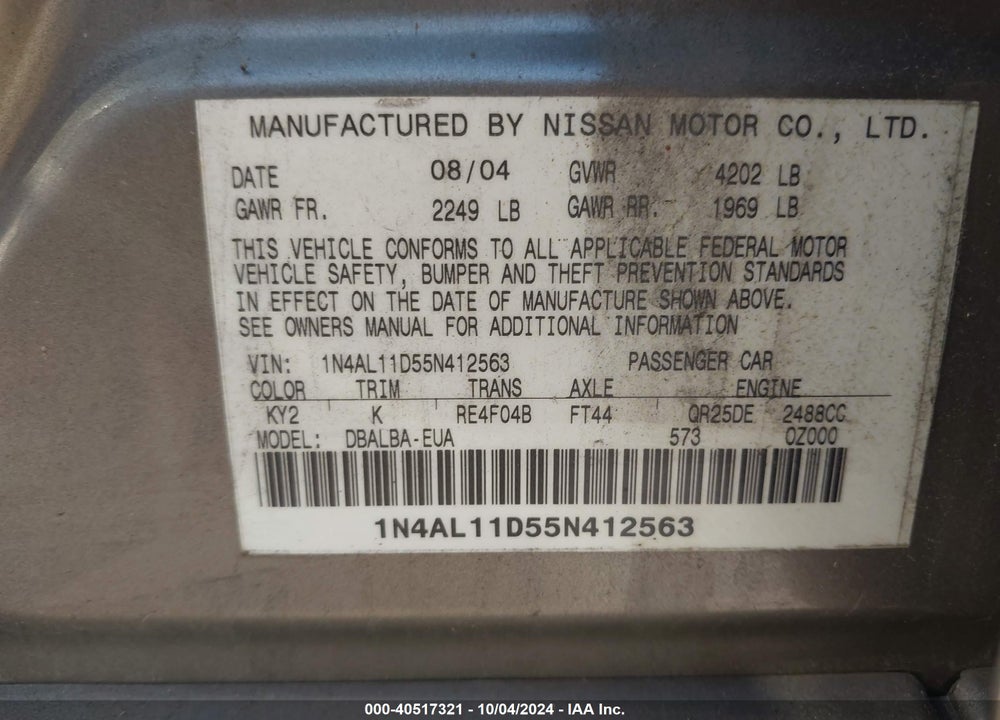 2005 NISSAN ALTIMA 2.5 S VIN: 1N4AL11D55N412563