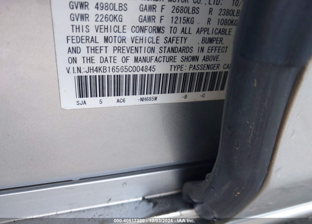 2005 ACURA RL 3.5 VIN: JH4KB16565C004845