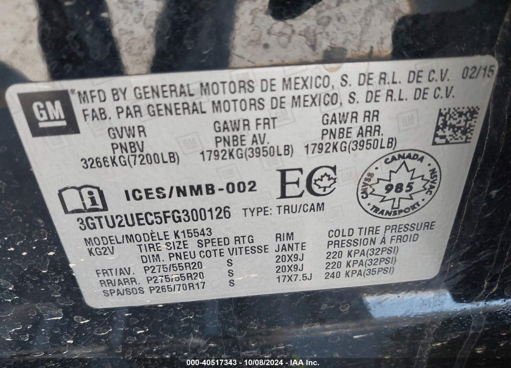 2015 GMC SIERRA 1500 SLE VIN: 3GTU2UEC5FG300126