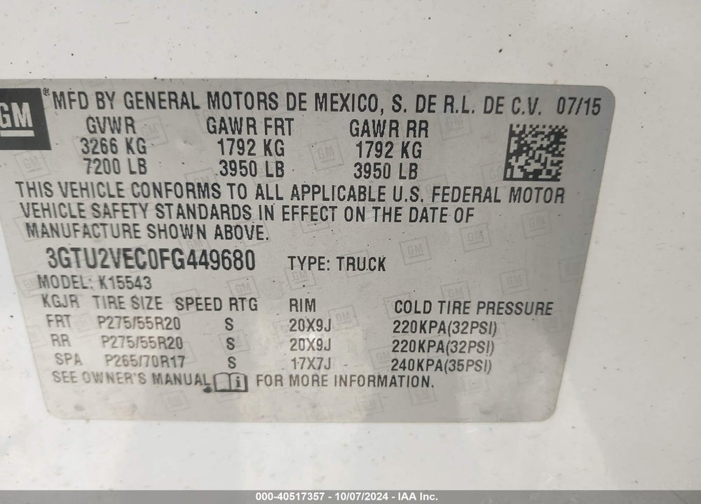 2015 GMC SIERRA 1500 SLT VIN: 3GTU2VEC0FG449680