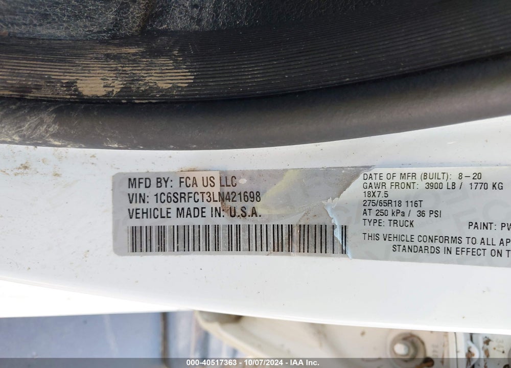 2020 RAM 1500 TRADESMAN 4X4 6'4 BOX VIN: 1C6SRFCT3LN421698