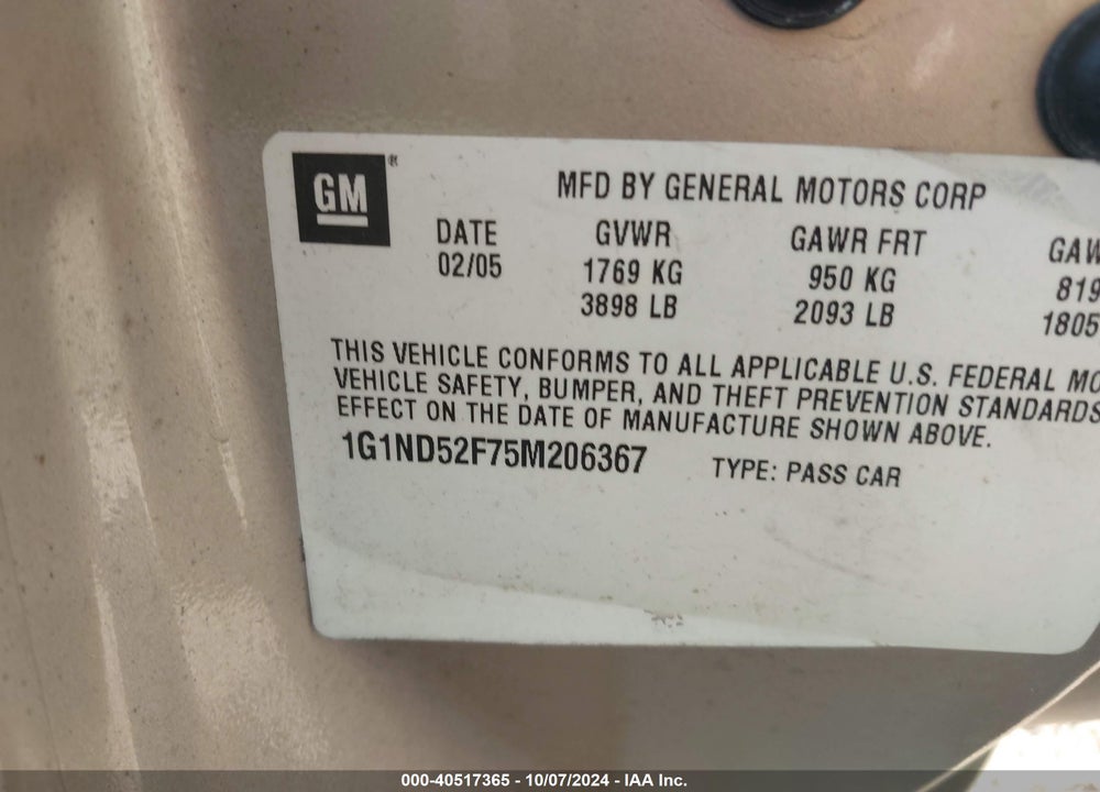 2005 CHEVROLET CLASSIC VIN: 1G1ND52F75M206367