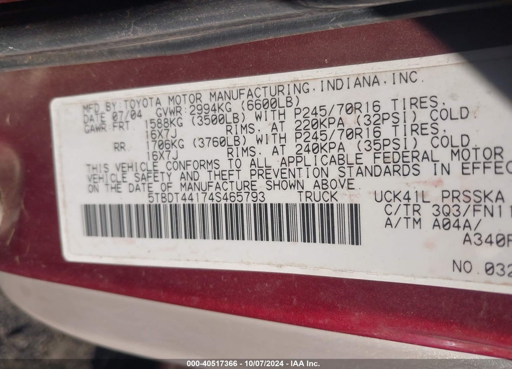 2004 TOYOTA TUNDRA SR5 V8 VIN: 5TBDT44174S465793