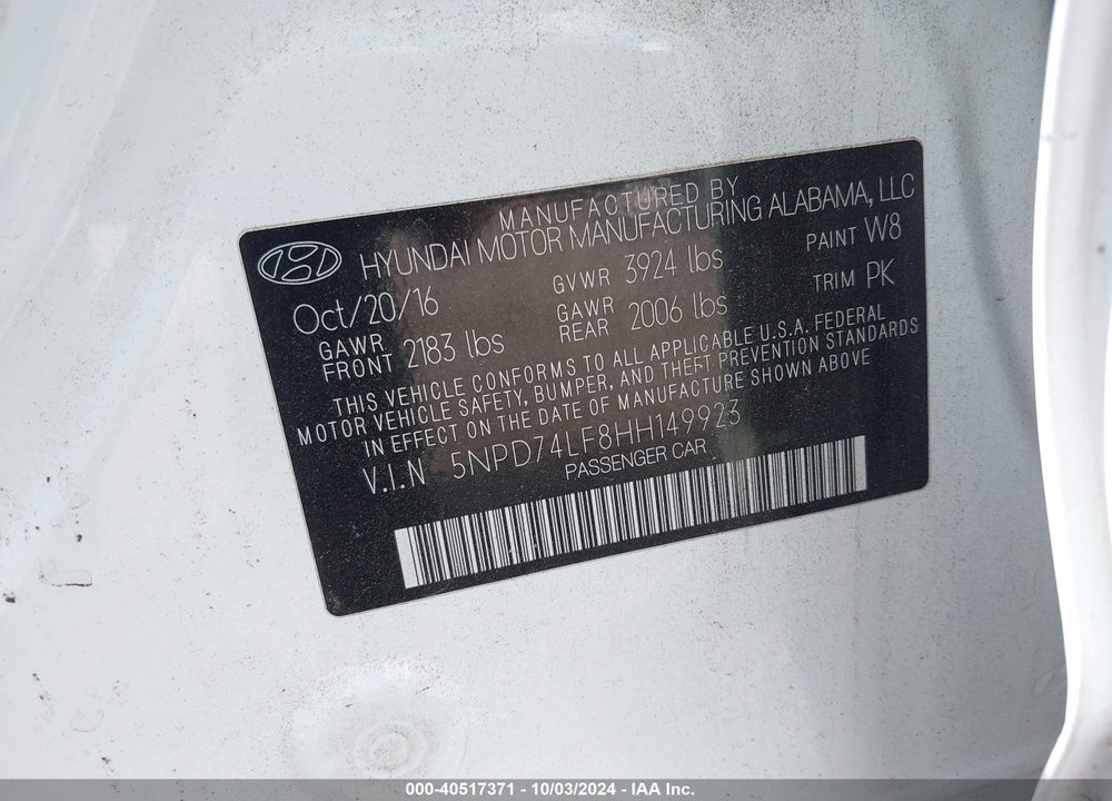 2017 HYUNDAI ELANTRA SE VIN: 5NPD74LF8HH149923